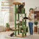 Hoher grüner und beiger Katzenbaum mit vier Katzen, Text über die Eignung für sehr große Katzen und eine Frau, die eine Katze hält, in der Nähe.