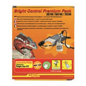 Bright Control Premium Pack 35-70W Bild eines Bright Control Premium Packs für Reptilien, mit einem Chamäleon und Produktdetails. Der Text enthält "35W/50W/70W" und "betrieben von Philips."