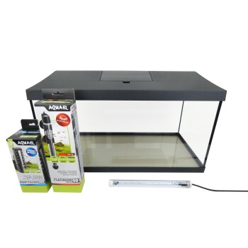 Aquarium tank with a black lid, accompanied by an Aqualel ASAP Filter 300, Aqualel Platinum 50 heater, and LED light strip.