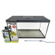 Aquarium tank with a black lid, accompanied by an Aqualel ASAP Filter 300, Aqualel Platinum 50 heater, and LED light strip.
