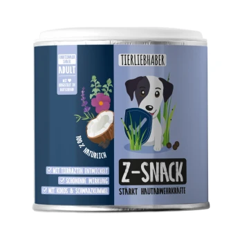 Blauer zylindrischer Behälter mit dem Etikett "Tierliebhaber Z-Snack" mit Pfotenabdrücken und haustierbezogenen Symbolen, der natürliche Haustierleckerlis betont.