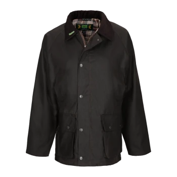 Dunkelbraune gewachste Baumwolljacke für Herren mit Cordkragen und kariertem Futter, mit Druckknöpfen und Fronttaschen.