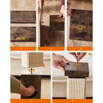 Schritt-für-Schritt-Montageanleitung für einen Holz-Katzenkratzbaum, die Hände zeigt, die Teile zusammenfügen und mit Schrauben sichern.