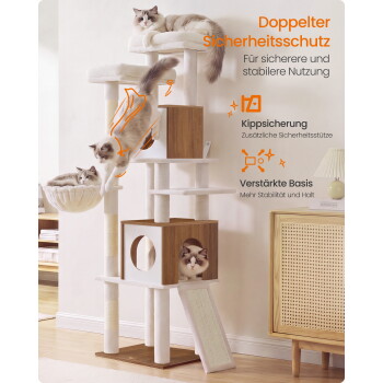 Drei flauschige Katzen auf einem weiß- und holzfarbenen mehrstufigen Kratzbaum; sichtbarer Text: „Doppelter Sicherheitsschutz“.