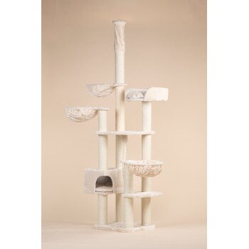 Ein hoher, beiger Katzenbaum mit mehreren Ebenen, weichen, stoffbezogenen Plattformen und einem gemütlichen Versteck unten.