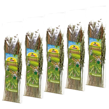 Fünf Beutel JR FARM getrocknete Kräuter für Haustiere, beschriftet mit "Ein Stück Natur" und "Wiesen-Ernte", mit einem lebendigen grünen Felddesign.