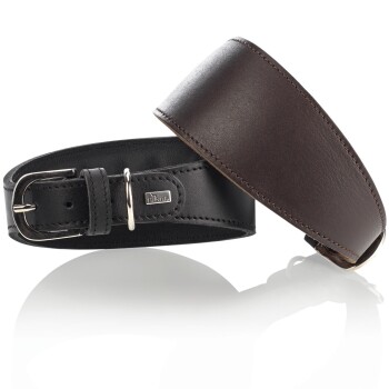 Ein schwarzes und braunes Lederhalsband für Hunde mit einer silbernen Schnalle, das ein elegantes Design und das Markenlogo "Hunter" zeigt.