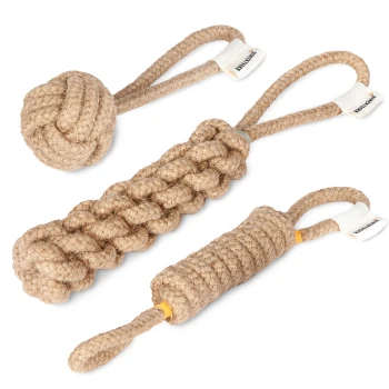 Drei natürliche Seil-Hundespielzeuge: ein geknoteter Ball, ein geflochtener Zug und ein dicker Seil mit Griff, alle in beige.