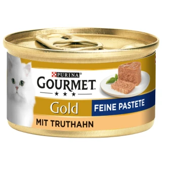 Gold Feine Pastete 12x85g Truthahn Eine Dose Purina Gourmet Gold Katzenfutter mit einer weißen Katze auf dem Etikett, beschriftet mit "Feine Paste" und "Mit Truthahn."