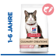 Sac de nourriture pour chats Hill's Science Plan Culinary Creations avec un chat tigré, étiqueté pour les âges de 1 à 6 ans, avec du saumon et des carottes.