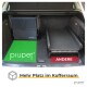 Autokofferraum mit Haustierzubehör: grüne "piupet"-Matte, faltbares Haustierbett und roter "ANDERE"-Bereich. Text: "Mehr Platz in deinem Kofferraum."
