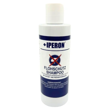 Weiße Flasche mit Aufschrift 'IPERON FLOHSCHUTZ SHAMPOO', rotes durchgestrichenes Floh-Symbol und deutscher Text.