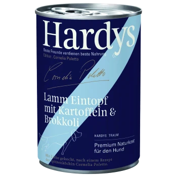 Puszka karmy dla psów Hardy's oznaczona "Lamm Eintopf mit Kartoffeln & Brokkoli," podpisana przez Cornelię Poletto, stwierdzająca "Premium Naturkost für den Hund."