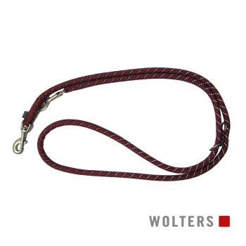 Führleine Everest rot/ schwarz 2 m, 1,3 cm Eine rot-schwarz gemusterte Hundeleine mit einem Metallclip, die den Markennamen "WOLTERS" in der unteren rechten Ecke zeigt.