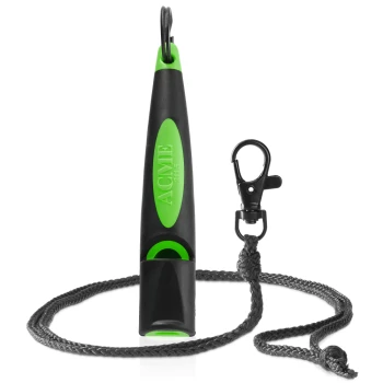 Schwarze und grüne ACME 211,5 Hundepfeife mit schwarzem geflochtenem Lanyard und Clip.