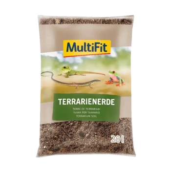 Un sac de 20 litres de terreau pour terrarium MultiFit, présentant des images d'un lézard, d'une grenouille et d'un serpent sur un flou naturel en arrière-plan.