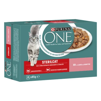 Verpackung von Purina ONE Sterilcat Katzenfutter, mit einer grauen Katze, mit Text, der Vorteile und Zutaten hervorhebt: "X8 mit Lachs und Karotten."