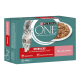 Verpackung von Purina ONE Sterilcat Katzenfutter, mit einer grauen Katze, mit Text, der Vorteile und Zutaten hervorhebt: "X8 mit Lachs und Karotten."