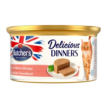 Puszka karmy dla kotów Butcher's Delicious Dinners z łososiem i krewetkami, z złotą pokrywką i obrazkiem pomarańczowego kota.