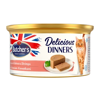 Puszka karmy dla kotów Butcher's Delicious Dinners z łososiem i krewetkami, z złotą pokrywką i obrazkiem pomarańczowego kota.