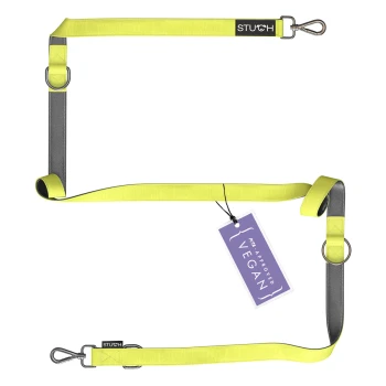 Hundeleine Führleine Lime S Eine leuchtend gelbe und graue Haustierleine mit einem Metallclip, mit einem Anhänger, auf dem steht "PET APPROVED VEGAN."