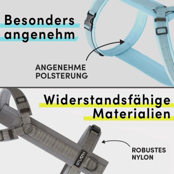 Bild eines hellblauen gepolsterten Haustiergeschirrs und einer grauen, strapazierfähigen Option, mit dem Text "Besonders angenehm" und "Widerstandsfähige Materialien."