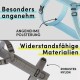 Bild eines hellblauen gepolsterten Haustiergeschirrs und einer grauen, strapazierfähigen Option, mit dem Text "Besonders angenehm" und "Widerstandsfähige Materialien."