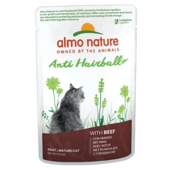 Verpackung für Almo Nature Anti-Haarball Katzenfutter mit einer grauen Katzensilhouette, grünem Gras und Text, der "mit Rind" und "Erwachsene, reife Katze" hervorhebt.
