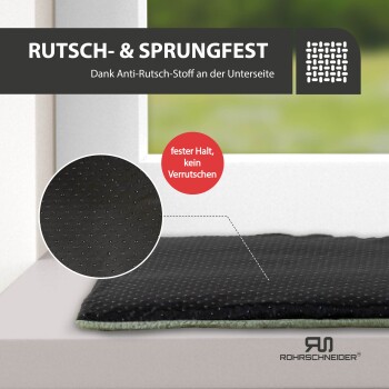 Rutschfeste und sprungfeste Haustiermatte mit Anti-Rutsch-Gewebeunterseite, beschriftet mit „fester Halt, kein Verrutschen“ von Rohrschneider.