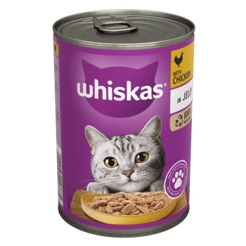 A can of Whiskas cat food featuring a gray tabby cat on the label, labeled "with chicken in jelly."