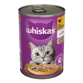 A can of Whiskas cat food featuring a gray tabby cat on the label, labeled "with chicken in jelly."