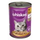 A can of Whiskas cat food featuring a gray tabby cat on the label, labeled "with chicken in jelly."