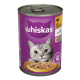 A can of Whiskas cat food featuring a gray tabby cat on the label, labeled "with chicken in jelly."
