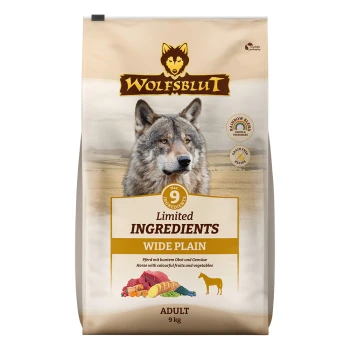 Wolfsblut-Hundefuttertasche, beschriftet mit 'Limited Ingredients Wide Plain', mit einer Wolfsgrafik, 9 kg Größe und bunten Früchten und Gemüse.