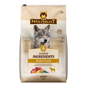 Wolfsblut-Hundefuttertasche, beschriftet mit 'Limited Ingredients Wide Plain', mit einer Wolfsgrafik, 9 kg Größe und bunten Früchten und Gemüse.