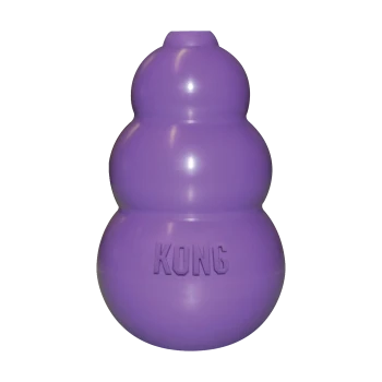 Fioletowa klasyczna gumowa zabawka KONG (kształt bałwanka) z wytłoczonym logo 'KONG'.