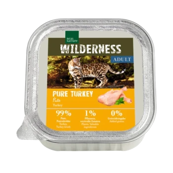 Wilderness Adult Pure Turkey Haustierfutterverpackung mit einem Bild einer Wildkatze, das 99% Truthahn, 1% Pflanzen und 0% zugesetzte Körner angibt.