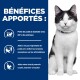 Chat noir et blanc avec collier bleu à côté d'un panneau bleu marine indiquant «BÉNÉFICES APPORTÉS :» et énumérant les avantages pour la perte de poids (88 %)