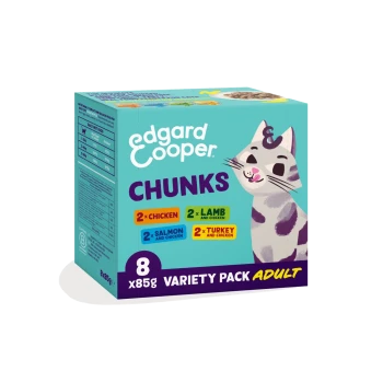 Edgard Cooper CHUNKS cat food box, turquoise variety pack with cat illustration, 8x85g VARIETY PACK ADULT and flavor labels