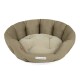 Ein rundes, plüschiges Hundebett in einem beige-braunen Farbschema, mit einem weichen, gepolsterten Innenraum und einem Logo, das "Doctor Bark" liest.