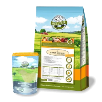 Eine Tüte Bellfor 'Wiesen-Schmaus' Haustierfutter mit einem malerischen Landschaftsdesign und einem Behälter mit 'Vermal Pulver.'