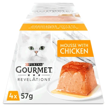Purina Gourmet Revelations cat food packaging featuring a white cat, labeled "Mousse with Chicken," with a serving of mousse on a plate.
