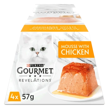 Purina Gourmet Revelations cat food packaging featuring a white cat, labeled "Mousse with Chicken," with a serving of mousse on a plate.