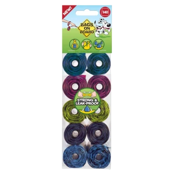 Colorful pet waste bags in rolls, labeled "Bags on Board," featuring text "Strong & Leak-Proof," with 140 bags total.
