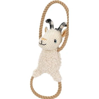 A plush goat toy with a textured cream body and black-and-white checkered ears, attached to a sturdy rope for pets to play with.