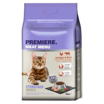 Hundefutterbeutel, beschriftet mit "Premiere Meat Menu" mit einem Foto einer getigerten Katze, mit 51% Geflügel und Rind, 4kg Größe und dem Text "Sterilised Adult."