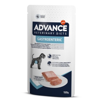 L'emballage de la nourriture pour chiens Advance Veterinary Diets Gastroenteric présente une silhouette de chien, promouvant une digestion facile et une meilleure consistance des selles en 150g.