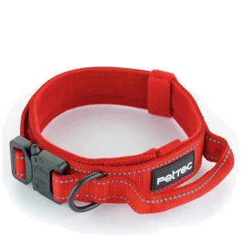 Rotes Haustierhalsband mit einer schwarzen Schnalle und D-Ring, mit einem "PetTec"-Logo und reflektierenden Nähten für Sichtbarkeit.