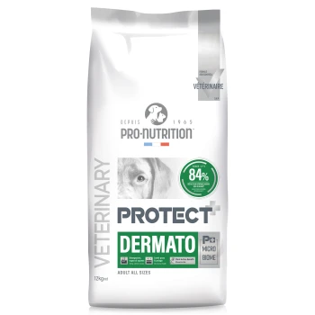 Beutel Pro-Nutrition Veterinary Protect+ Dermato Hundefutter, 12 kg, für erwachsene Hunde, mit 84% Juckreizreduktion und Hautvorteilen.