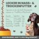 Haustierfutteranzeige mit einer Katze und einem Hund, mit Fütterungshinweisen nach Gewicht in Teelöffeln und Hervorhebung der hohen Ergiebigkeit des Produkts.